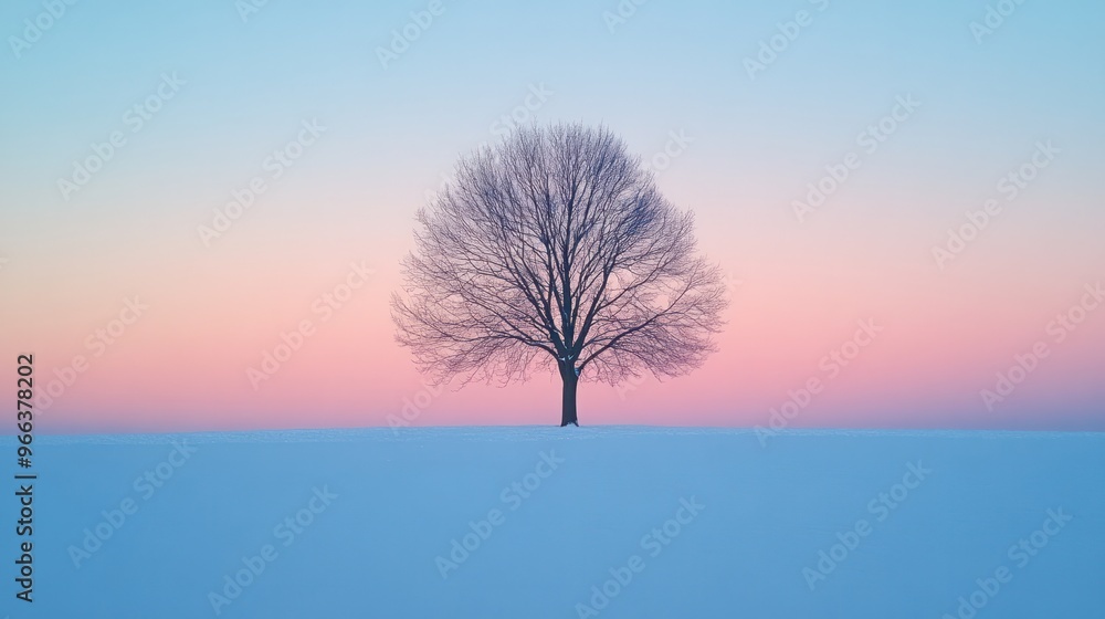 A lone tree standing in a snow-covered field at winter twilight, the sky a soft blend of pink and blue, creating a minimalist, peaceful scene A lone tree standing in a snow-covered field at winter twilight, the sky a soft blend of pink and blue, creating a minimalist, peaceful scene