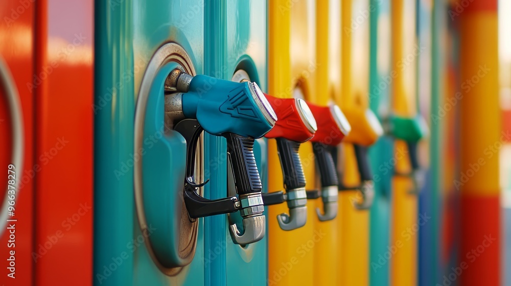 Colorful fuel dispensers at a gas station lined up in a row Colorful fuel dispensers at a gas station lined up in a row