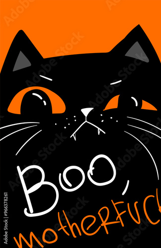 Grumpy Black cat saying Boo. Happy Halloween. Meme, memes, middle finger style. Meme cartoon kawaii spooky character. Angry face. Orange background
