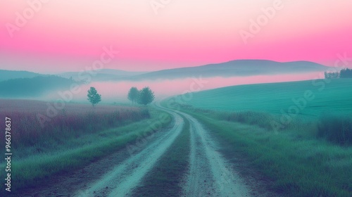 A serene dirt road meanders through a misty landscape at dawn, bathed in soft pink and blue hues.