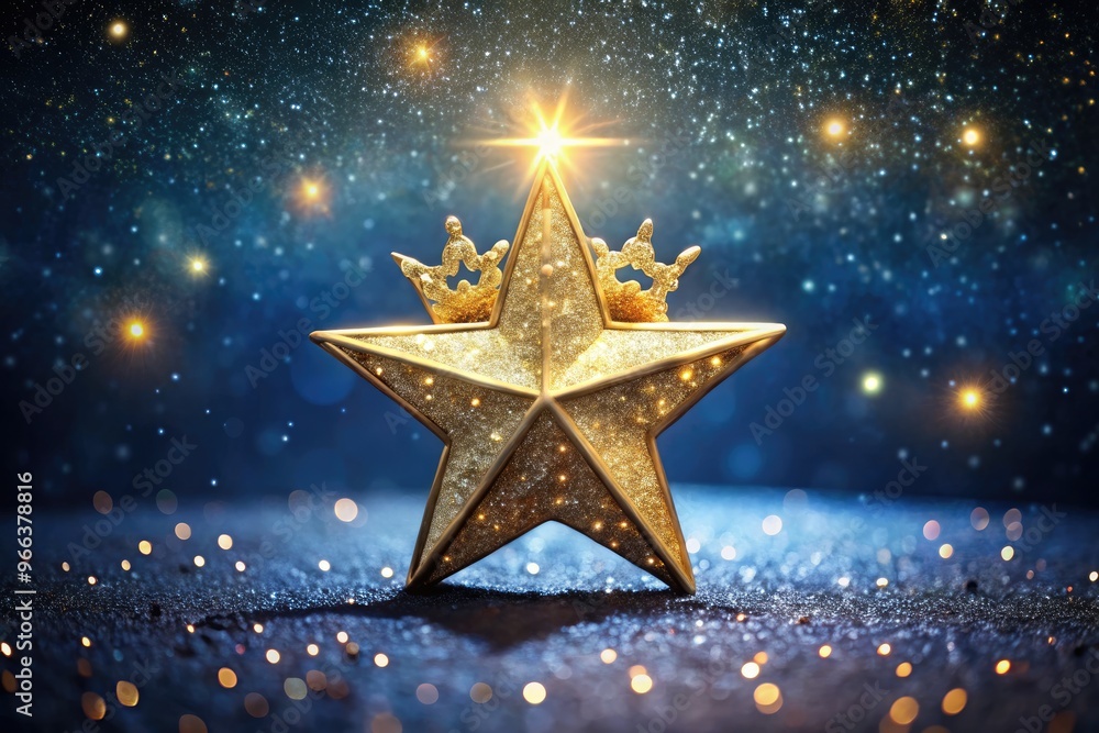 A radiant, five-pointed star adorned with a regal gold crown, set against a dark blue background with subtle, shimmering starlight and delicate texture. A radiant, five-pointed star adorned with a regal gold crown, set against a dark blue background with subtle, shimmering starlight and delicate texture.