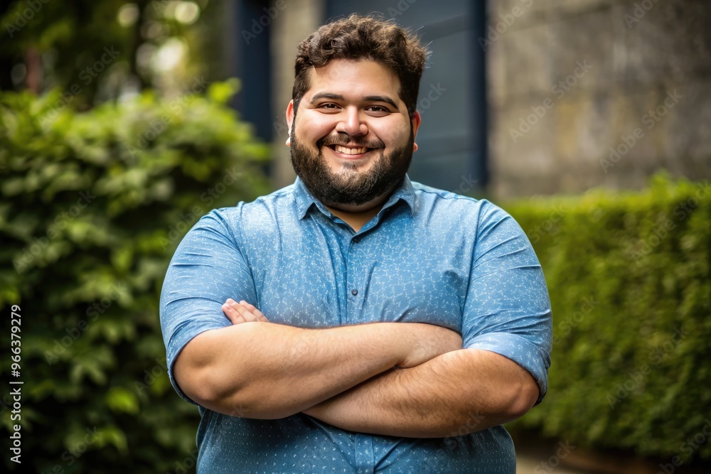 A Rotund Individual Poses For A Photo With Arms Crossed, A Smile On Their Face. A Rotund Individual Poses For A Photo With Arms Crossed, A Smile On Their Face.