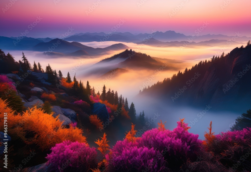 Fototapeta premium breathtaking sunrise illuminating misty mountain landscape vibrant colors soft fog, beautiful, sky, clouds, nature, scenery, dawn, light, view, horizon