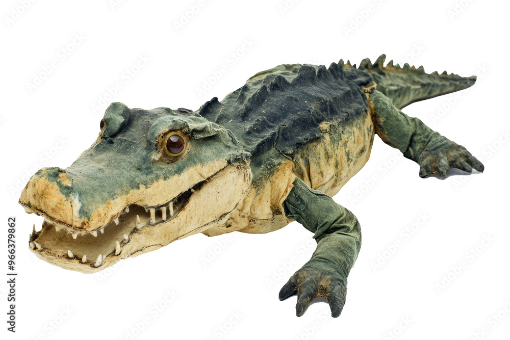 Naklejka premium A vintage stuffed crocodile toy that appears worn-out, showcasing its textured fabric and detailed stitching. The toy has a rustic and antique look indicative of its age.