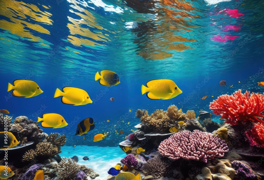 Fototapeta premium vibrant aquatic ecosystem displaying diverse marine life colorful coral underwater flora, reef, fish, biodiversity, species, ocean, habitat, environment, sea