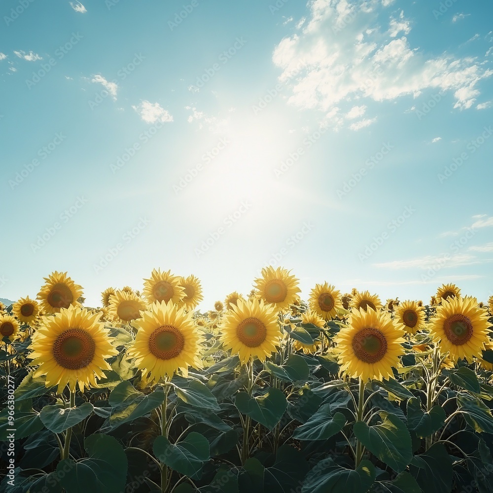 Fototapeta premium A vibrant 4K background featuring a field of blooming sunflowers under a bright blue sky, showcasing nature's beauty in stunning detail