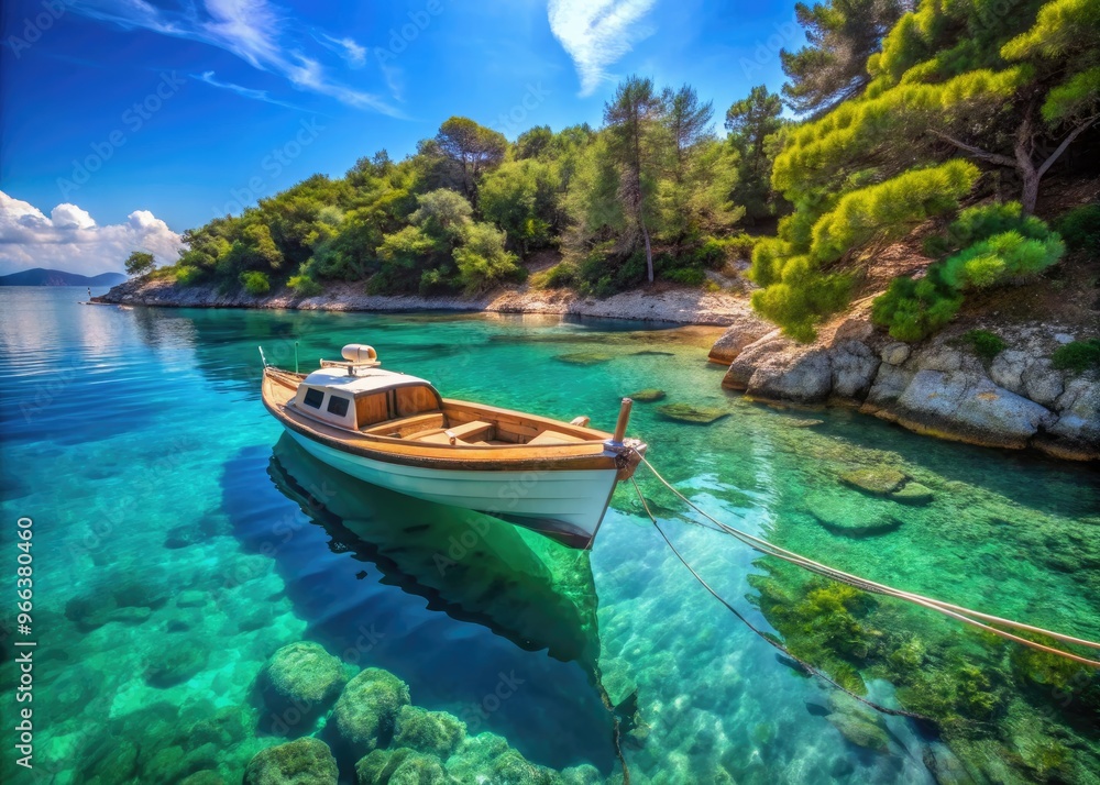 A serene and tranquil wooden boat drifts gently on the calm and crystal-clear turquoise waters of a picturesque Mediterranean sea, surrounded by lush greenery. A serene and tranquil wooden boat drifts gently on the calm and crystal-clear turquoise waters of a picturesque Mediterranean sea, surrounded by lush greenery.