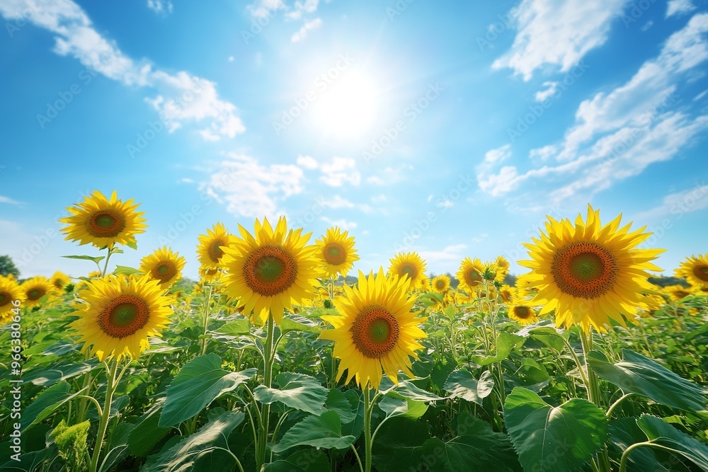Obraz premium A vibrant 4K background featuring a field of blooming sunflowers under a bright blue sky, showcasing nature's beauty in stunning detail