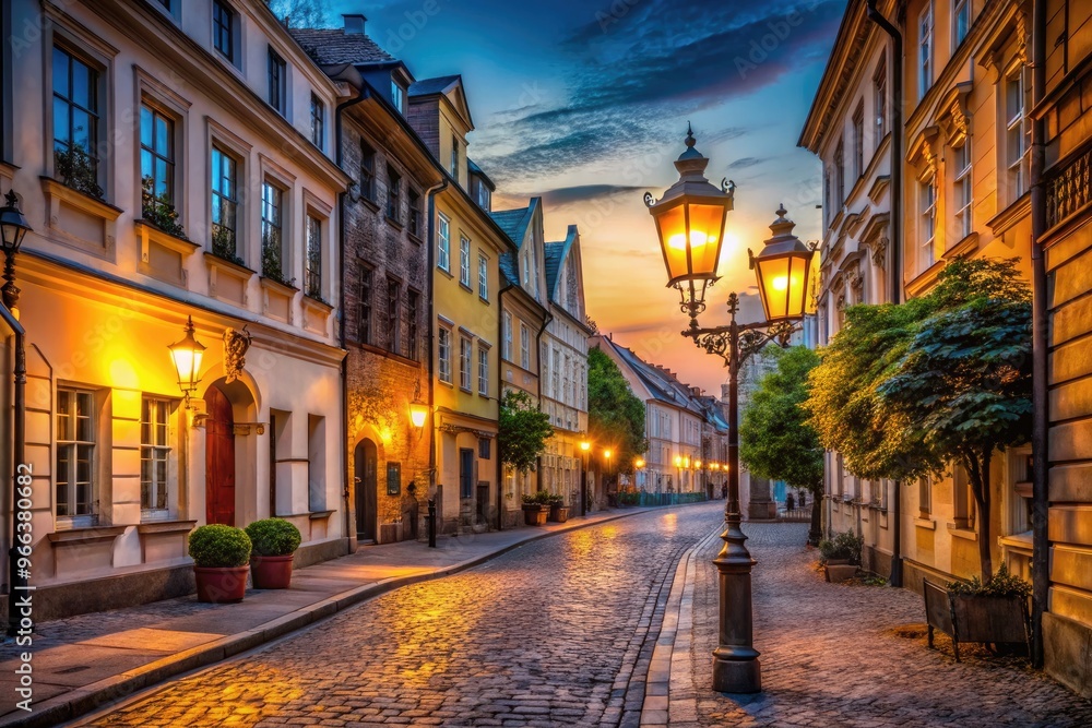 Fototapeta premium A serene evening scene of a deserted cobblestone street lined with ornate street lamps, casting a warm golden glow on the surrounding historic buildings.