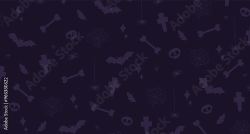 Halloween holiday background in purple colors with sillhouettes of bones, crosses, bats, spiders,sparkles,web,sculls, etc.