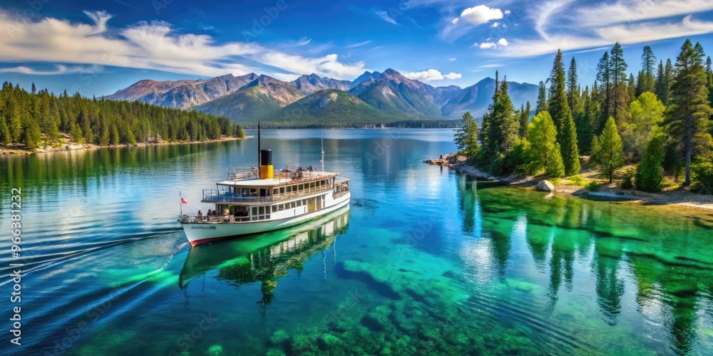 A serene steamboat gently glides across the calm turquoise waters of Lake Tahoe, surrounded by lush green forests and majestic Sierra Nevada mountain peaks. A serene steamboat gently glides across the calm turquoise waters of Lake Tahoe, surrounded by lush green forests and majestic Sierra Nevada mountain peaks.