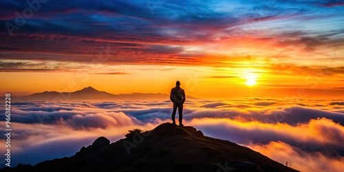 A silhouette of a solitary figure stands atop a misty mountain, backlit by a vibrant orange and pink sunset, against a dark blue evening sky.