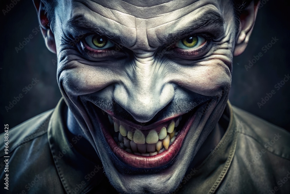 A Sinister Grin Spreads Across A Shadowed Face, Revealing Sharp, Wicked Teeth In A Display Of Malevolent Delight. A Sinister Grin Spreads Across A Shadowed Face, Revealing Sharp, Wicked Teeth In A Display Of Malevolent Delight.