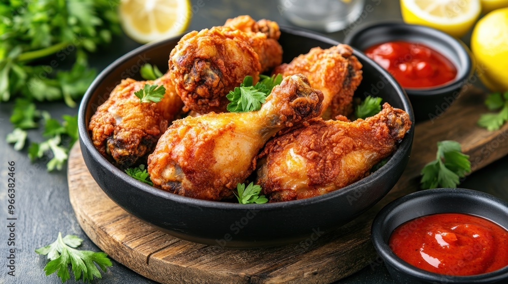 Crispy Fried Chicken Drumsticks with Parsley and Ketchup Crispy Fried Chicken Drumsticks with Parsley and Ketchup