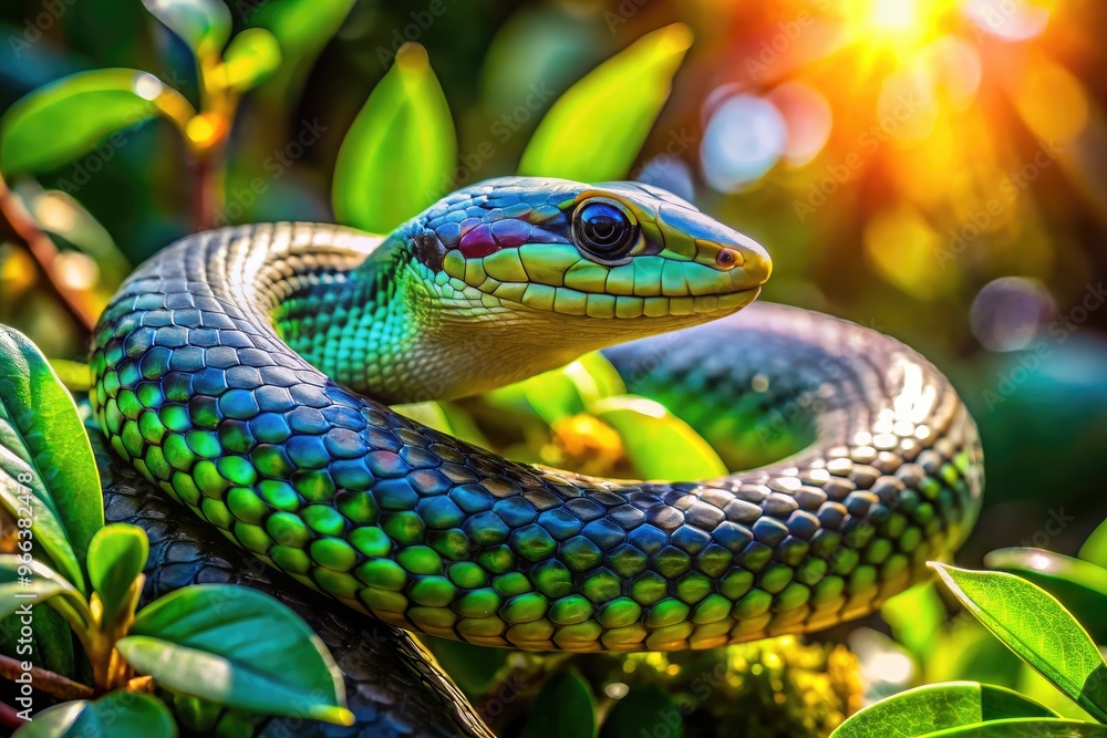A Sinuous Reptile Slithers Through Verdant Foliage, Its Iridescent Scales Glinting In The Dappled Sunlight. A Sinuous Reptile Slithers Through Verdant Foliage, Its Iridescent Scales Glinting In The Dappled Sunlight.