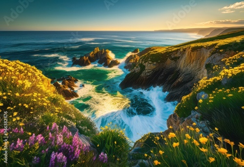 vibrant coastal landscape featuring striking wave patterns clear blue skies lush green cliffs, beach, coastline, ocean, waves, shore, sand, water, horizon