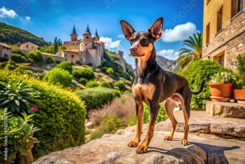 A sleek, agile, and curious ratter dog breed stands in scenic Majorca, Spain, surrounded by lush greenery and ancient stone walls, exuding energy and excitement. photo