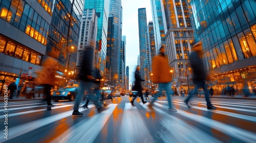 A group of people walking across a street in the city, AI