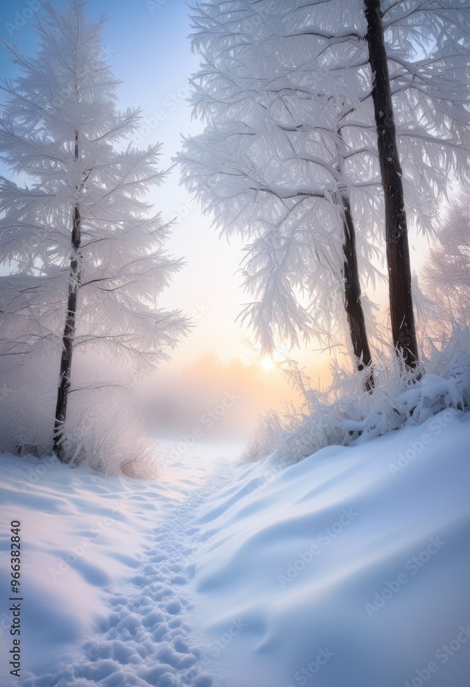 Obraz premium serene frozen landscape delicate snowflakes gently falling tranquil white blanket snow, winter, ice, scene, sky, clouds, tree, branches, field, meadow