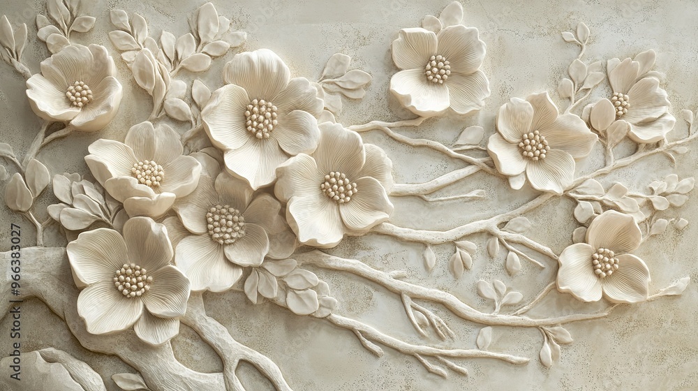 Intricate relief sculpture of blooming flowers and branches in soft neutral tones Intricate relief sculpture of blooming flowers and branches in soft neutral tones