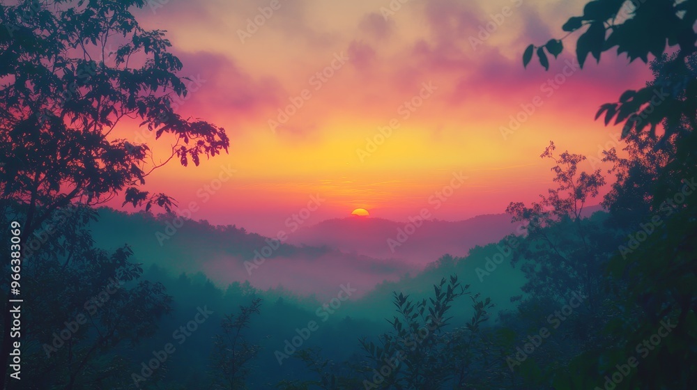 A serene sunset over misty mountains, casting vibrant colors across the sky and landscape. A serene sunset over misty mountains, casting vibrant colors across the sky and landscape.