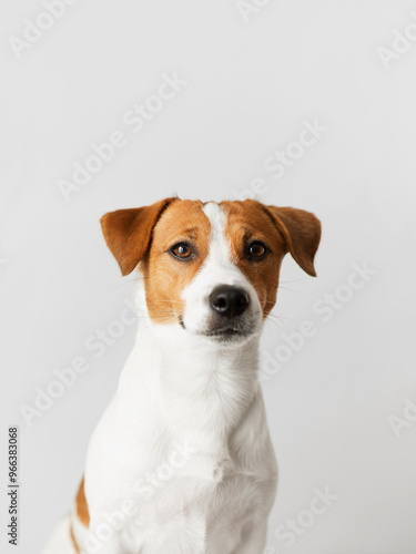 Adorable Jack Russell Terrier dog sits on a gray background