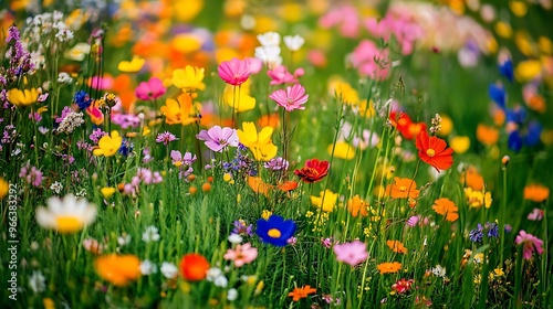 A vibrant summer wildflower meadow, with a variety of colorful blooms stretching as far as the eye can see