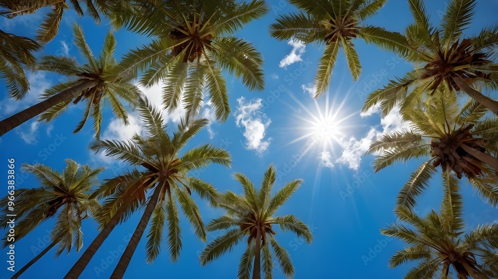 Low angle view from below of coconut palm tree against cloud and blue sky Low angle view from below of coconut palm tree against cloud and blue sky