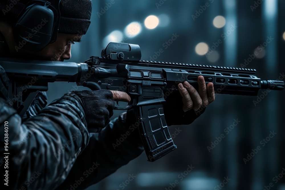 Close-up of a man shooting a rifle in a dark background Close-up of a man shooting a rifle in a dark background
