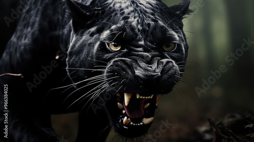 Close-up of the muzzle of an enraged black panther. Toothed big cat in monochrome style. Animal in habitat. Natural background. Illustration for cover, postcard, interior design, banner, brochure, etc