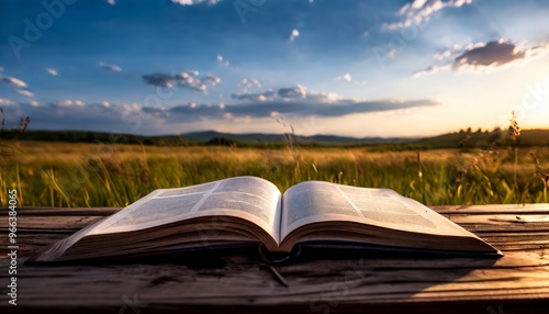 An open book lies on a wooden bench under the open sky, with a vast field stretching out in the background. The natural light and peaceful setting make this image ideal for themes of relaxation