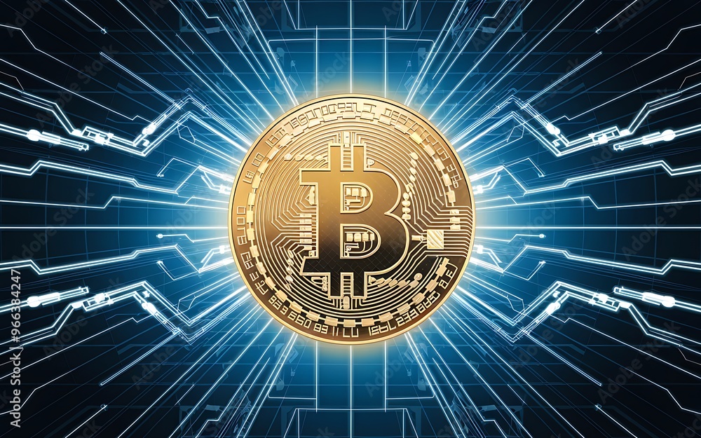 Golden Bitcoin Coin on Glowing Digital Grid with Futuristic Neon Lines Golden Bitcoin Coin on Glowing Digital Grid with Futuristic Neon Lines