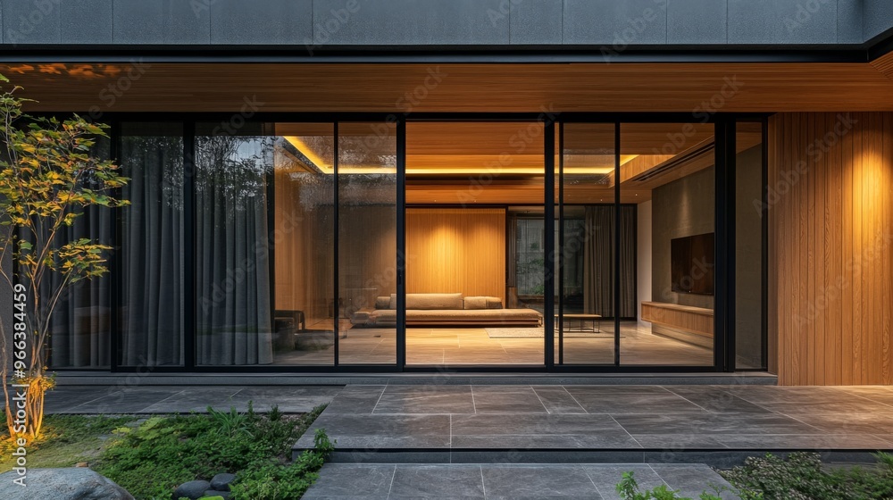 An exterior shot of a minimalist house with natural materials like wood and stone, large glass doors, and a small, well-maintained garden. An exterior shot of a minimalist house with natural materials like wood and stone, large glass doors, and a small, well-maintained garden.