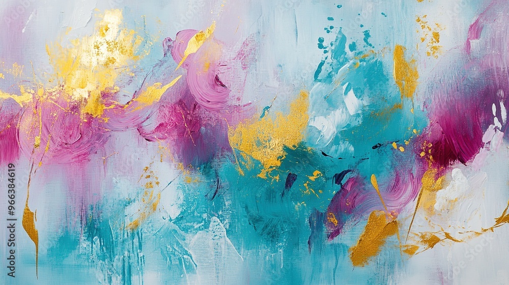 Abstract painting with vibrant colors and gold accents displayed in a modern art gallery setting Abstract painting with vibrant colors and gold accents displayed in a modern art gallery setting
