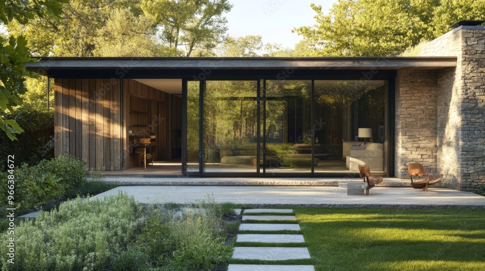 An exterior shot of a minimalist house with natural materials like wood and stone, large glass doors, and a small, well-maintained garden. An exterior shot of a minimalist house with natural materials like wood and stone, large glass doors, and a small, well-maintained garden.