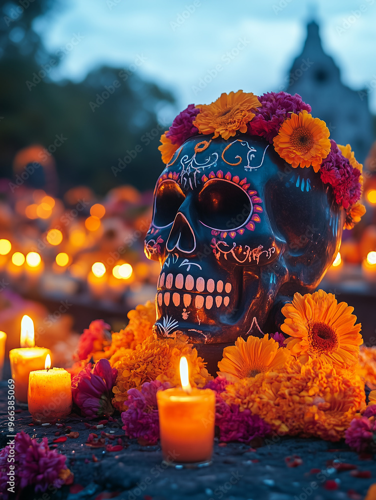 a sugar-skull in the Day of Death in the street, with flowers and candles a sugar-skull in the Day of Death in the street, with flowers and candles