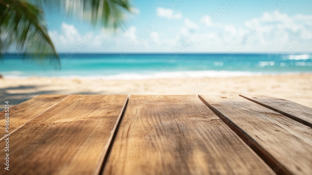 Fototapeta premium Wooden Tabletop with Blurred Beach Background