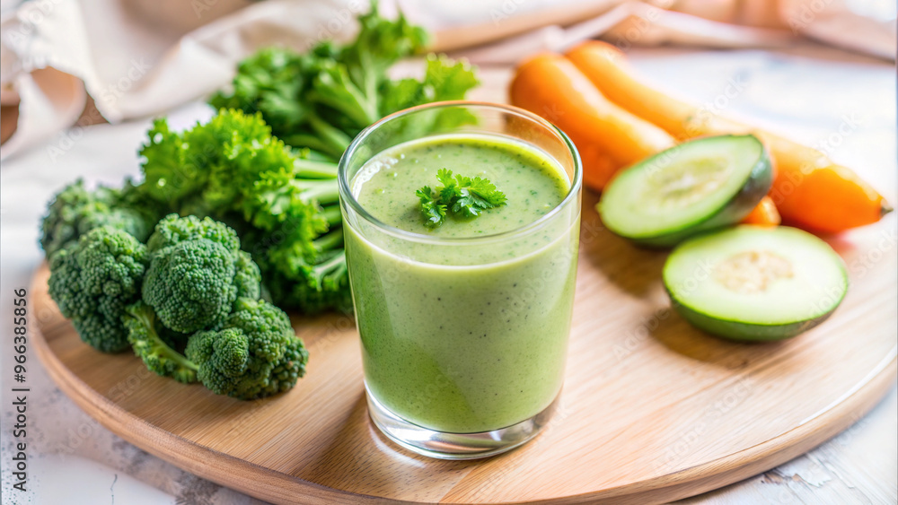 Green vegetable smoothie with cilantro on wooden tray surrounded by fresh veggies and copy space Green vegetable smoothie with cilantro on wooden tray surrounded by fresh veggies and copy space