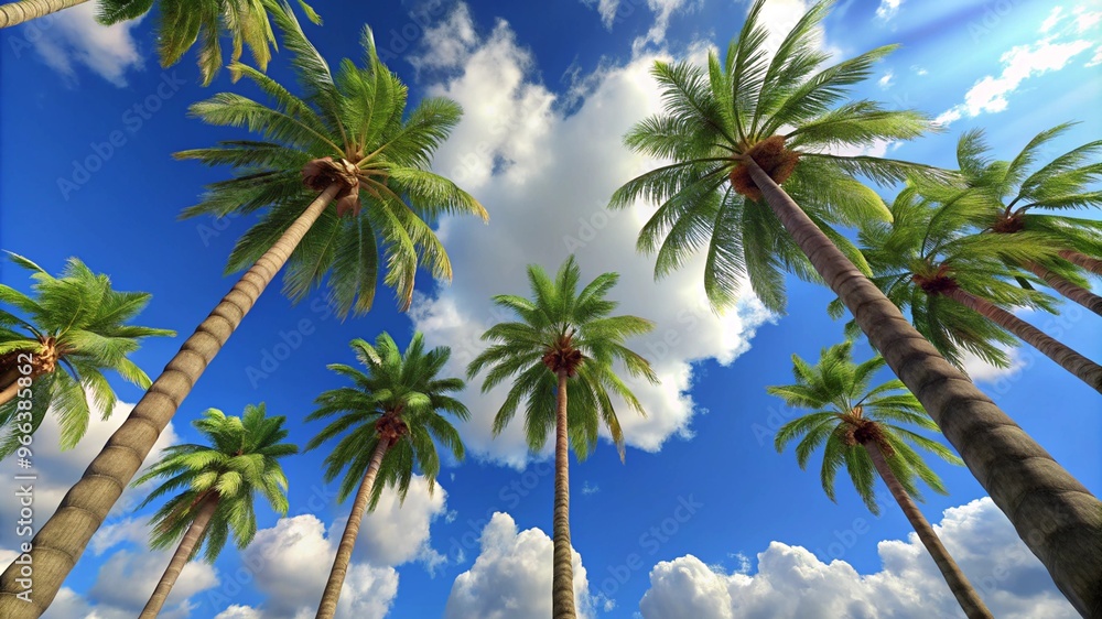 Low angle view from below of coconut palm tree against cloud and blue sky Low angle view from below of coconut palm tree against cloud and blue sky