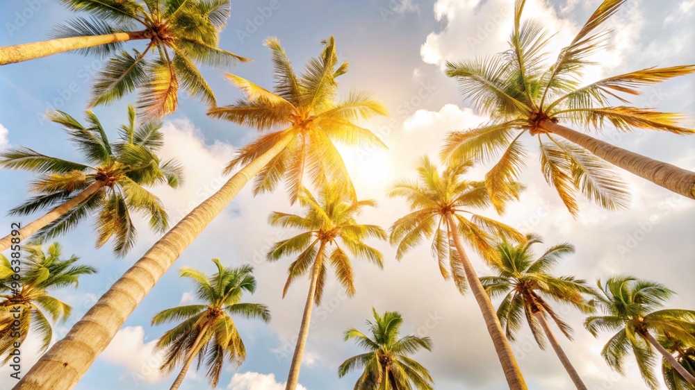 Low angle view from below of coconut palm tree against cloud and blue sky Low angle view from below of coconut palm tree against cloud and blue sky