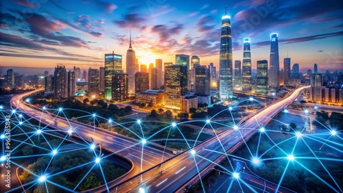 Wallpaper Mural Exploring the Future: Glowing Digital Cityscape with Connected Devices for Technological Innovations and Urban Development Torontodigital.ca