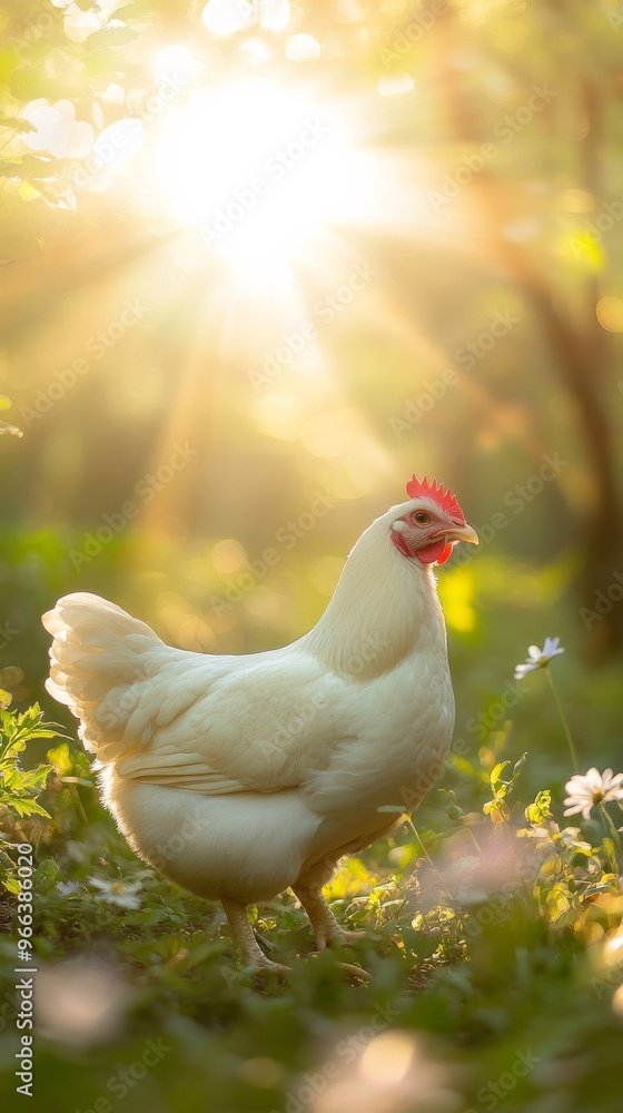 Fototapeta premium White hen in sunlit meadow, nature serenity concept