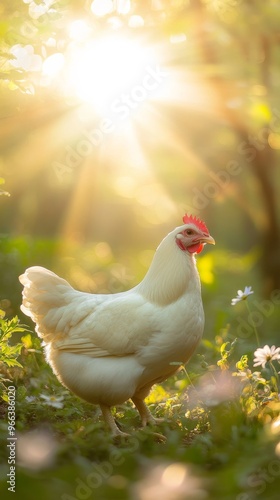 White hen in sunlit meadow, nature serenity concept