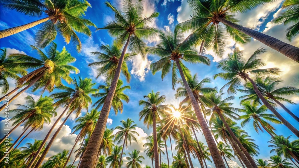 Low angle view from below of coconut palm tree against cloud and blue sky Low angle view from below of coconut palm tree against cloud and blue sky