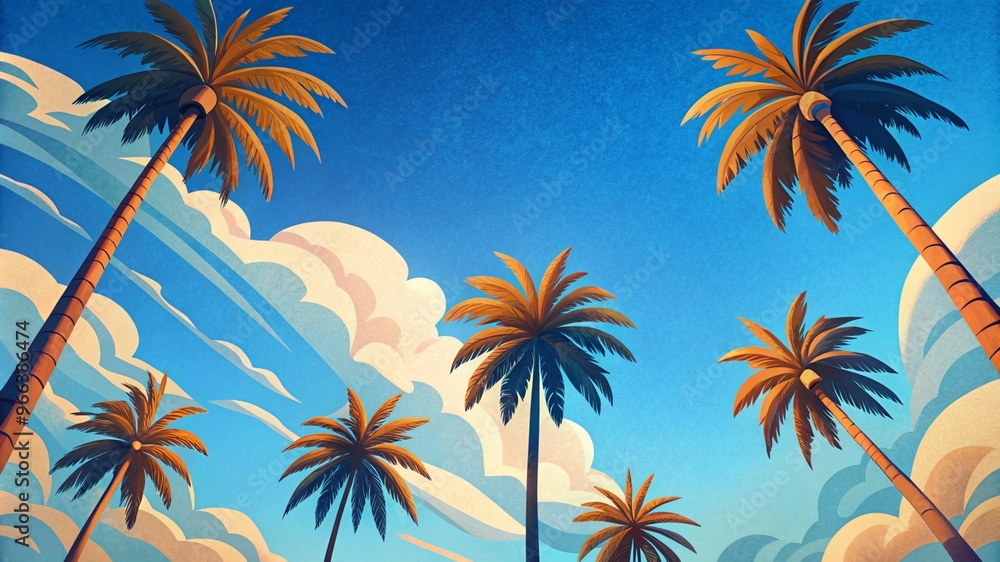 Low angle view from below of coconut palm tree against cloud and blue sky Low angle view from below of coconut palm tree against cloud and blue sky