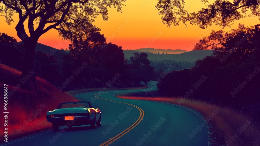 Fototapeta premium A scenic sunset view featuring a winding road and a convertible car, evoking a sense of adventure and tranquility.