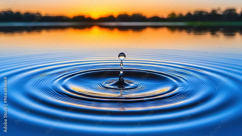 A water droplet on a tree amidst a sunset-lit forest landscape A water droplet on a tree amidst a sunset-lit forest landscape