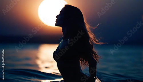 sensual woman long hair mermaid silhouette backlit full moon mermaid jumping water