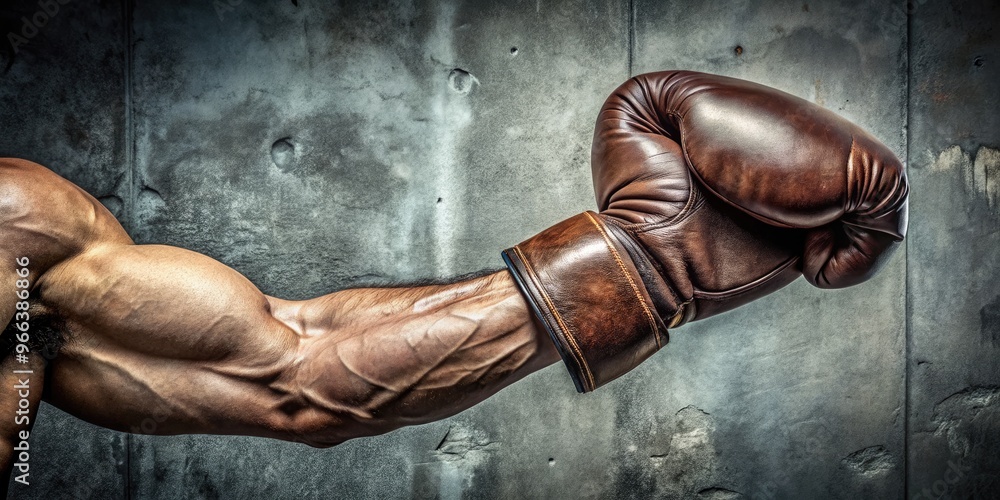 A strong, muscular arm extends from a worn leather boxing glove, clenched fist positioned in front of a gritty, industrial-style concrete background. A strong, muscular arm extends from a worn leather boxing glove, clenched fist positioned in front of a gritty, industrial-style concrete background.