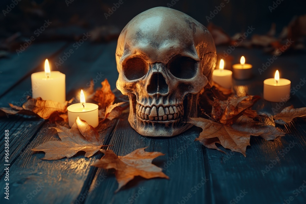 A skull surrounded by candles and autumn leaves, creating a spooky atmosphere. A skull surrounded by candles and autumn leaves, creating a spooky atmosphere.